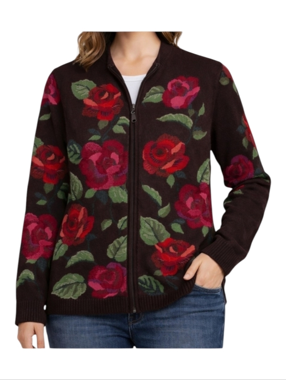 Marisa Christina~Womens VTG 90s~Brown Pink Red Zipup Jacket~Floral Roses~Wool~XL
